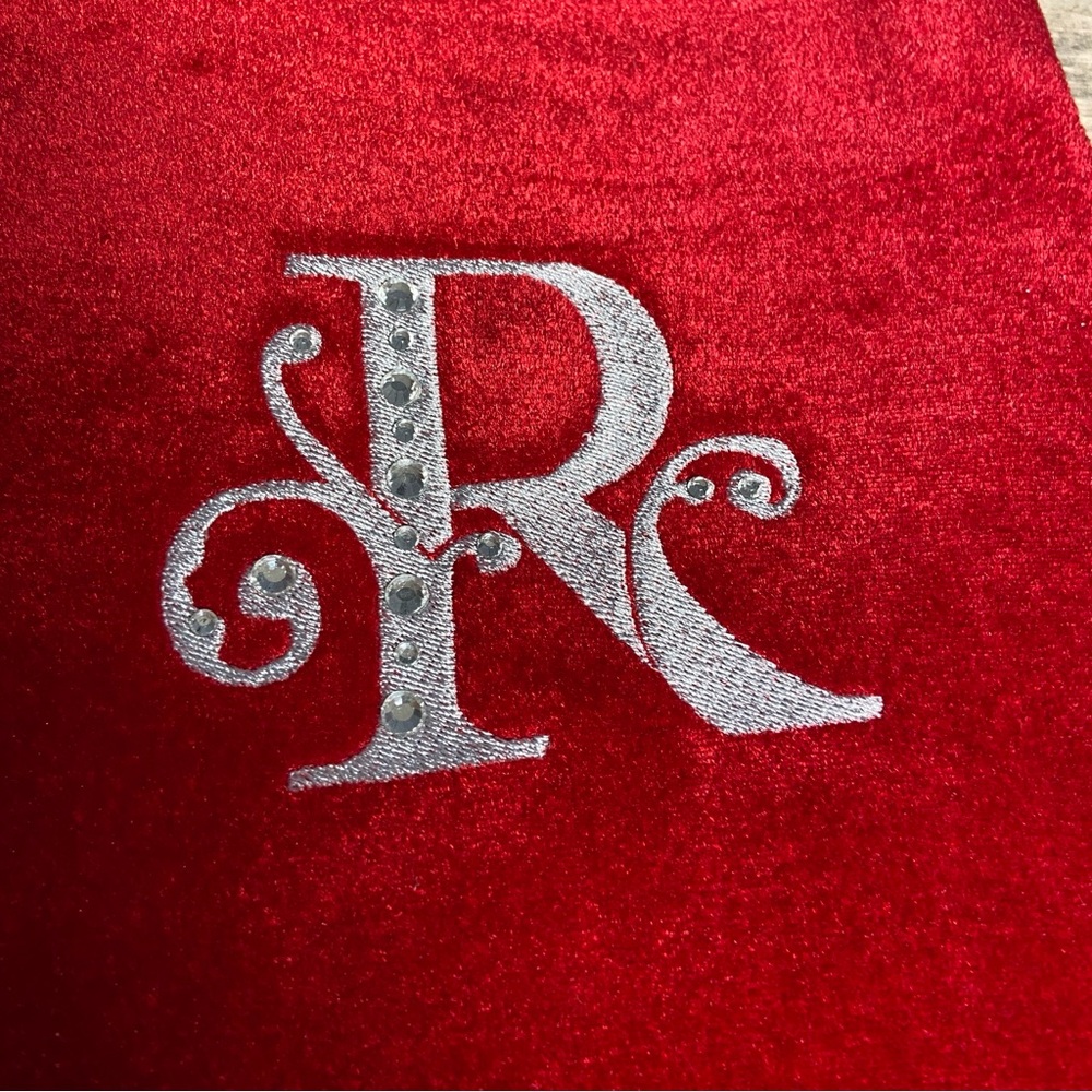Christmas Stocking Red &‎ Green Velvet With Tassel, Rhinestone Monogram (R) - Picture 2 of 7